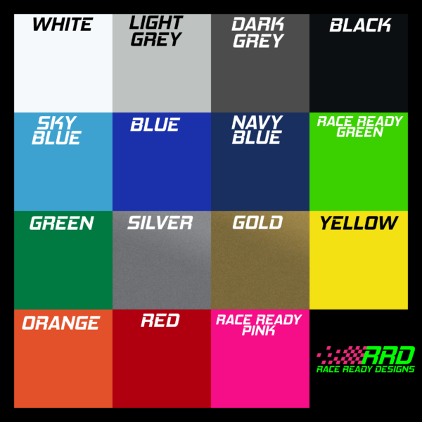 Color guide that highlights all available vinyl colors for race numbers