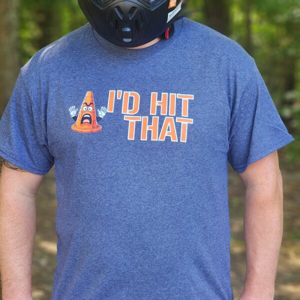 Grey Tshirt with I'd hit that in orange font and an orange cone that appears scared to be hit