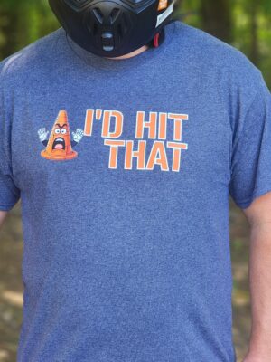 Grey Tshirt with I'd hit that in orange font and an orange cone that appears scared to be hit