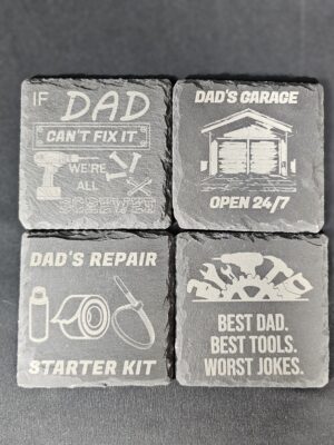 Dad's Garage Slate Coaster Set – Laser Engraved (Set of 4)