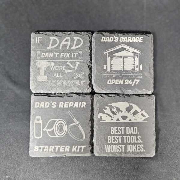 20250526_094543 Dad's Garage Slate Coaster Set – Laser Engraved (Set of 4)