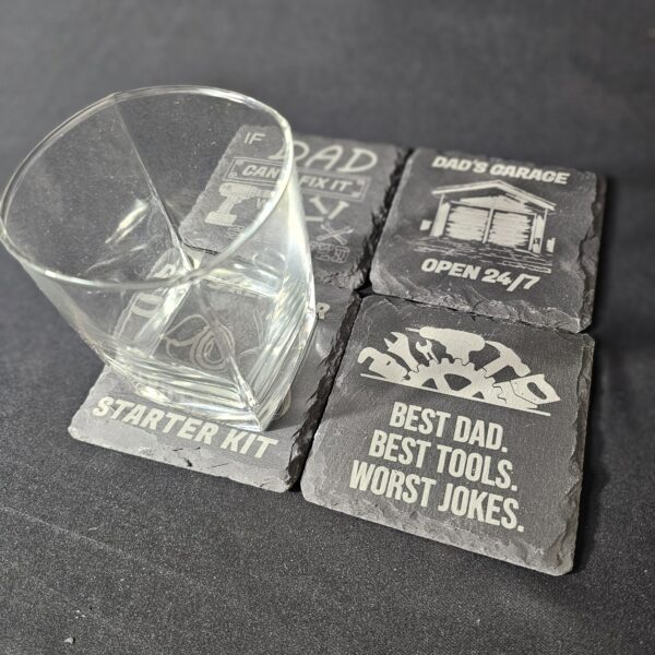 20250526_094554 Dad's Garage Slate Coaster Set – Laser Engraved (Set of 4)