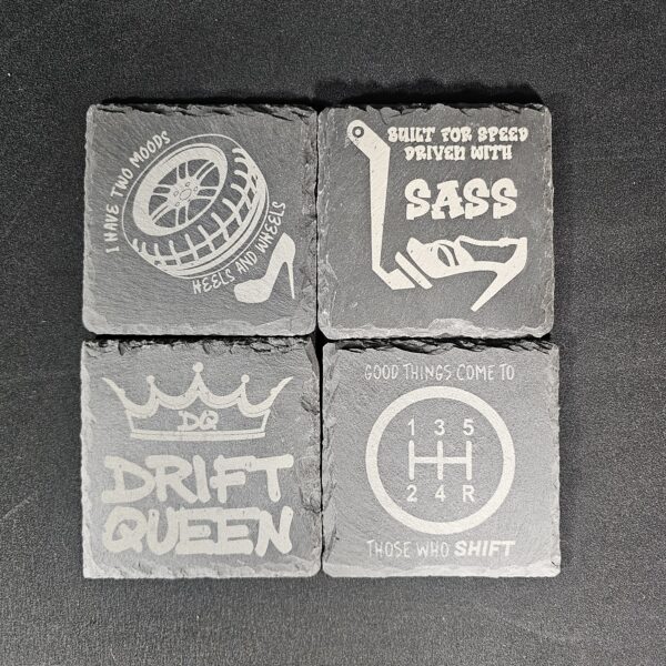 20250526_095642 Driven with Sass Slate Coaster Set – Laser Engraved (Set of 4)