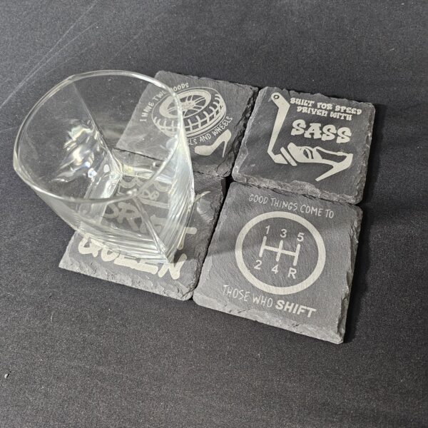 20250526_095651 Driven with Sass Slate Coaster Set – Laser Engraved (Set of 4)