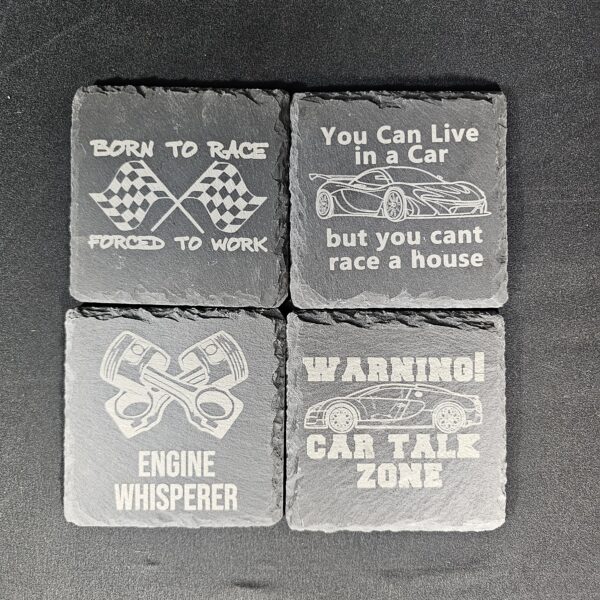 “Born to Race” Slate Coaster Set – Laser Engraved (Set of 4)